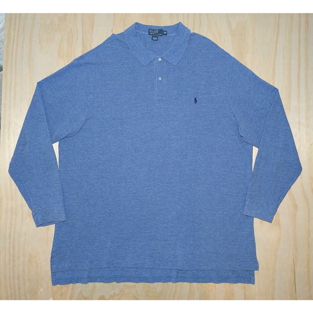 Polo Ralph Lauren Men's 4XLT Long Sleeve Polo Shirt Heathered Blue Tall Cotton